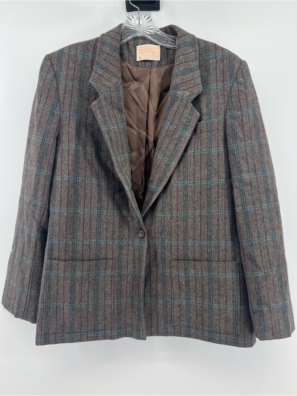 Vintage Pendleton Women’s Wool Blazer Brown Teal Plaid Gold Label T331-290 Sz 12